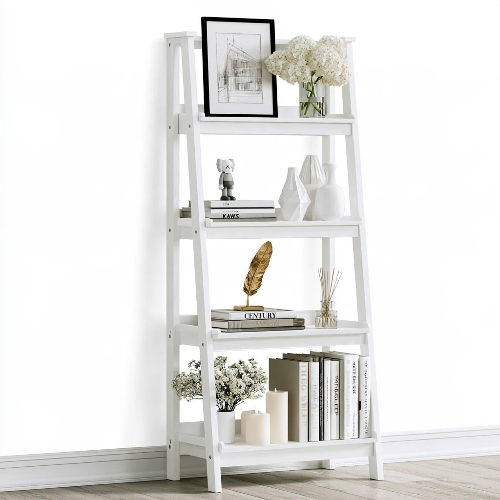 Regał drabinkowy pięciopoziomowy, z drewna, pięć poziomów, kolor: biały
